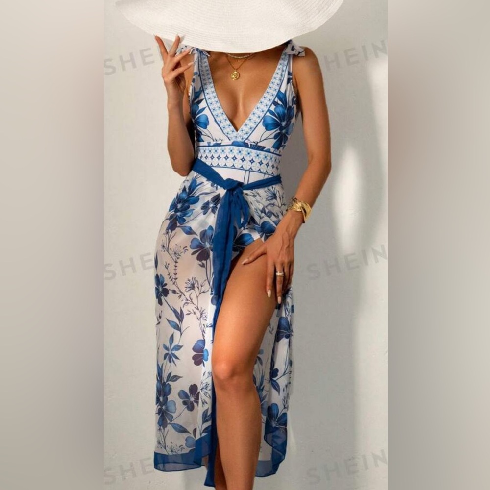 SHEIN Floral Shoulder Knot Swimsuit And Cover-Up Skirt Set